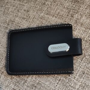Colloquy Black Leather Card Holder with Silver Snap Strap